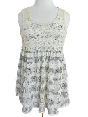 NWT Mystree Ivory Gray Striped Lace Ribbon Knit Sleeveless Tunic Knit Top S